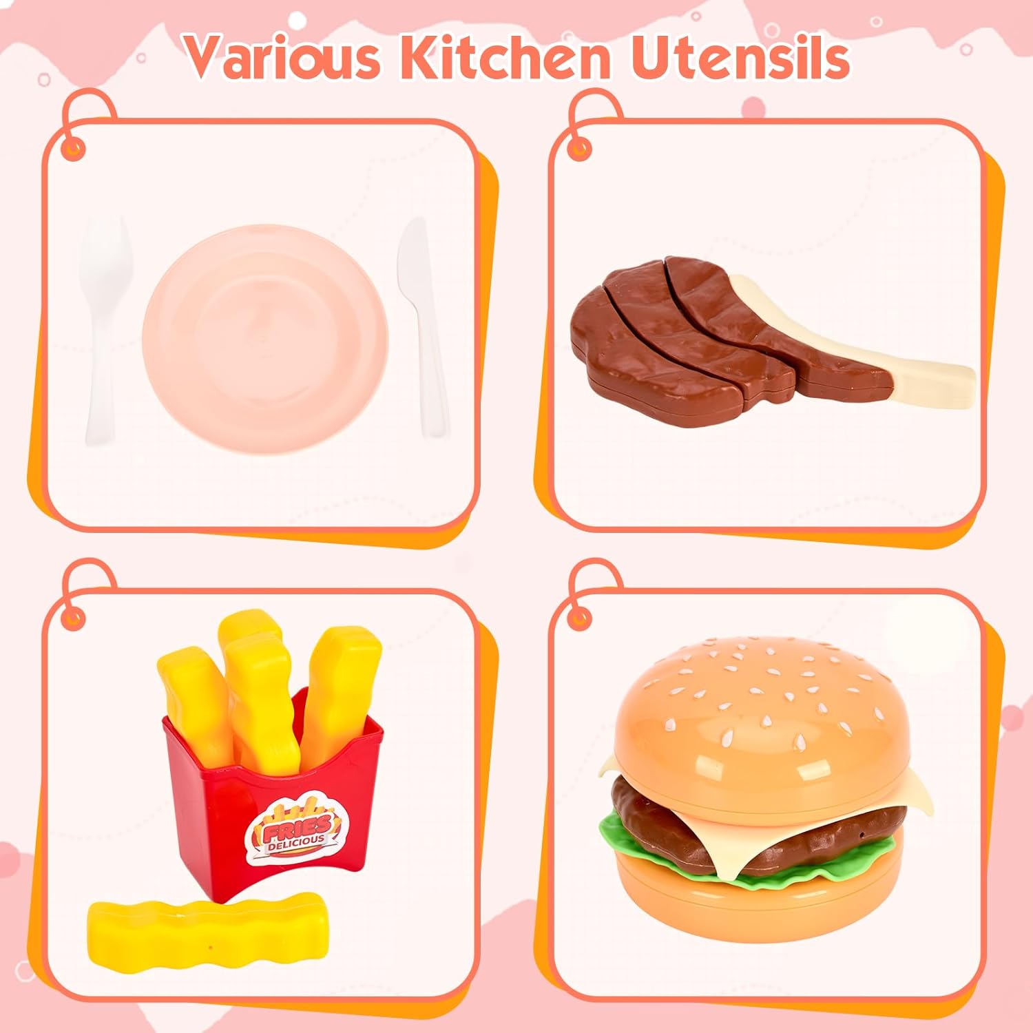 200Pcs Mini Play Kitchen Accessories for Kids, Pretend Cooking Playset with Cookware, Tableware & 2 Fruit Sets, Learning Gift for Girls, Boys, Toddlers, Pink - Image 7