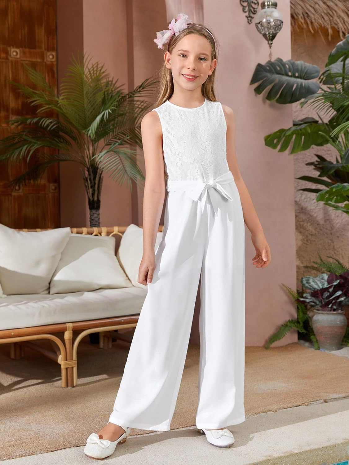 WDIRARA Girl's Lace Round Neck Sleeveless Belted Wide Leg Jumpsuit Pants: Clothing, Shoes & Jewelry