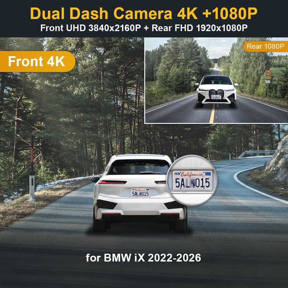 Fitcamx Front 4K+Rear 1080P Dash Cam Adapts for BMW iX 2022-2026 (HD2-2228, Longer Cover), OEM Factory Look, 2 Channel HD Video, WiFi & APP, Loop Recording, Gravity Sensor, Easy to Use, 128GB Card