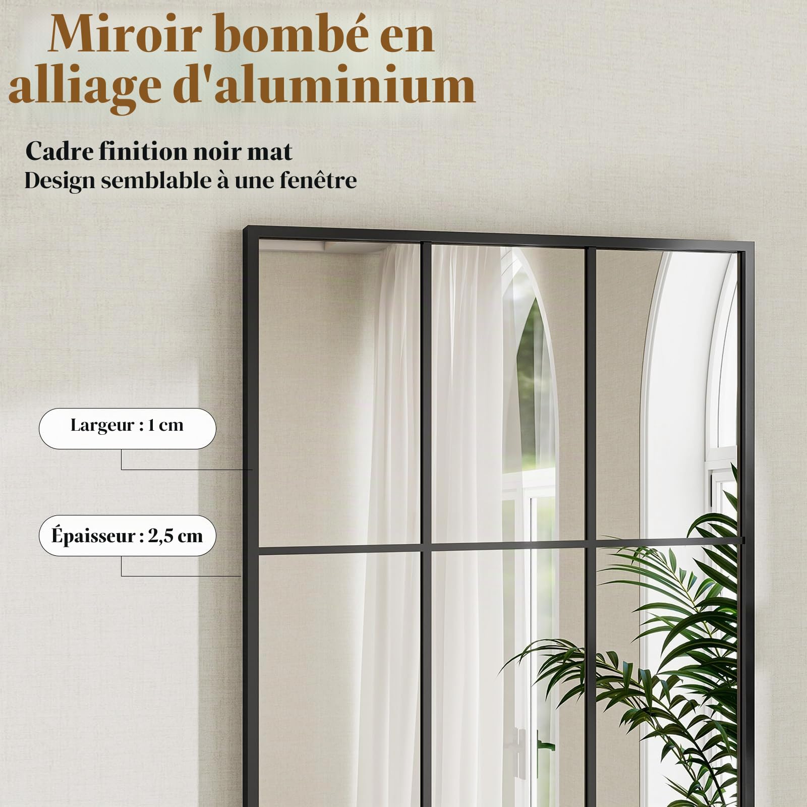 Koonmi Miroir Fenêtre 60 x 165 cm Rectangulaire Grille Décorative Corps Plein Cadre Métal Suspendu Entrée Salon Noir