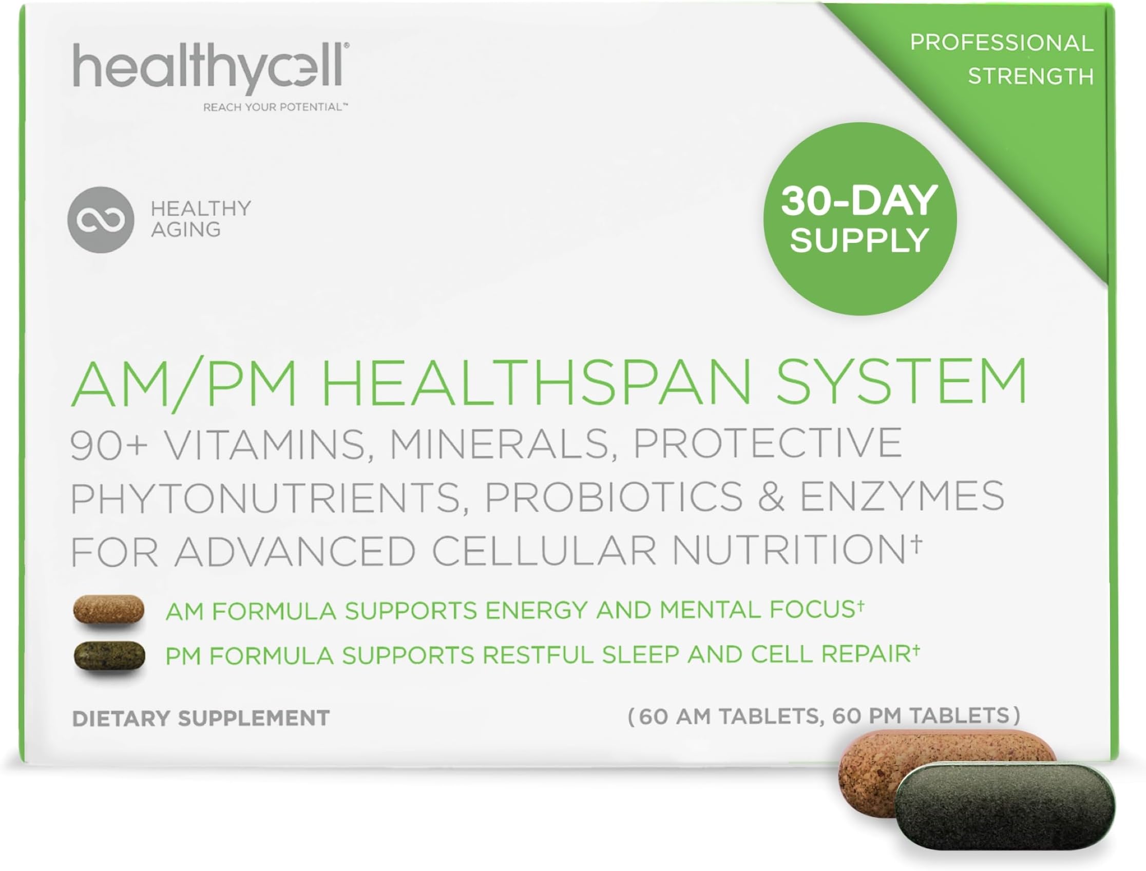 - HealhtyCell AM/PM Healthspan System - 90+ Vitamins, Minerals, Protective Phytonutrients, Probiotics & Enzymes for Advanced Cellular Nutrition - 60 AM Tablets & 60 PM Tablets