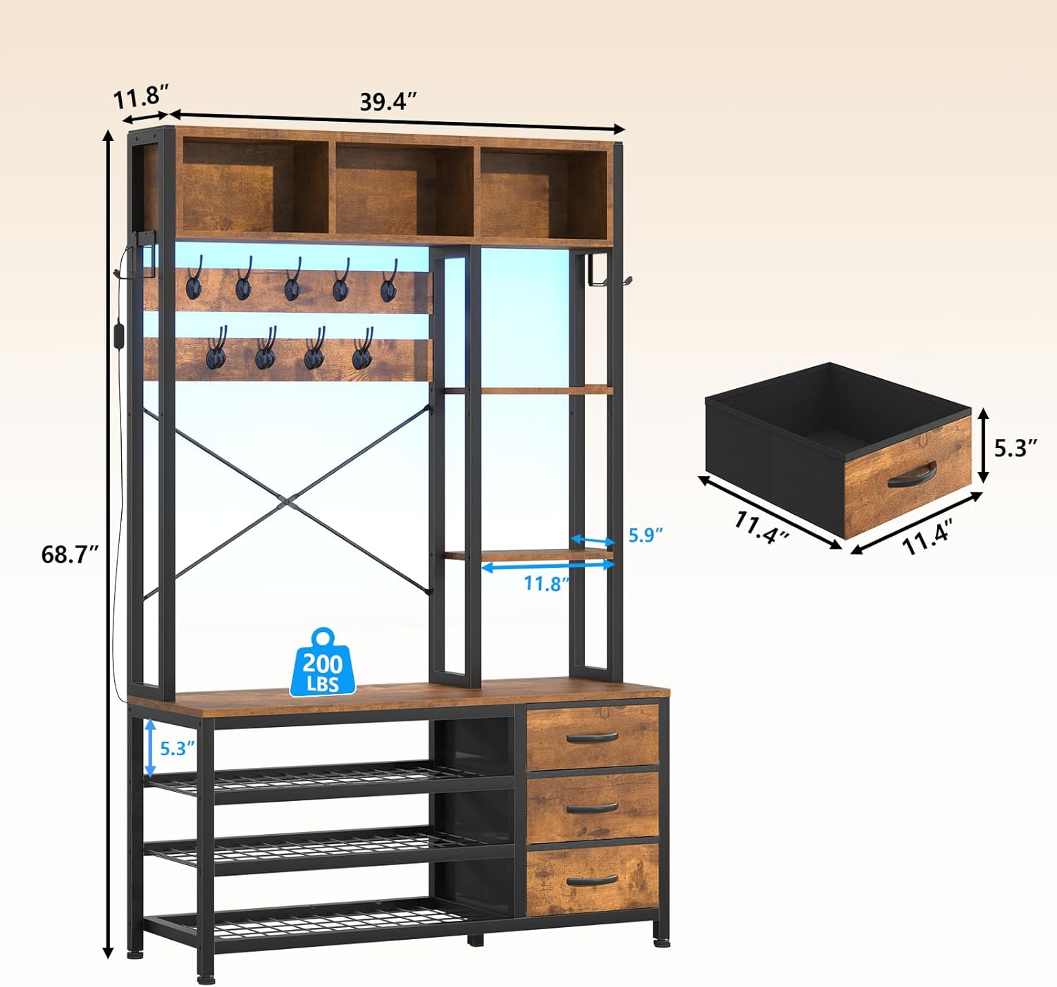 39.4'' Hall Tree with Bench and Shoe Storage, Entryway Bench with Coat Rack, 25-in-1 Tall Hall Tree with Led Lights, 3 Storage Cubbies, 3 Open Shelves, 13 Coat Hooks, 3 Fabric Drawers, Rustic Brown