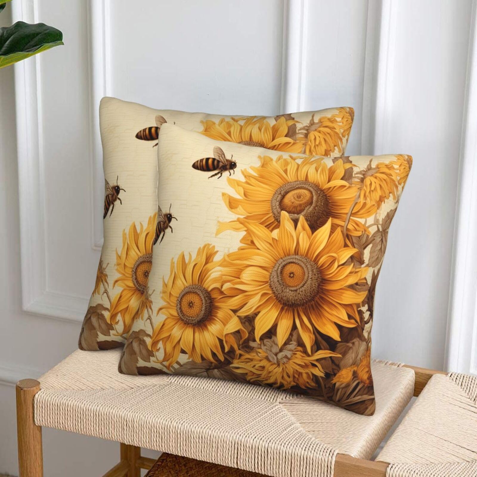 NONHAI Decorative Throw Pillow Covers Set of 2, 20"x20" Square Cushion Case Soft Comfy Bees and Sunflowers Throw Pillows for Couch Cushion Livingroom Farmhouse Home Decor Pillowcases