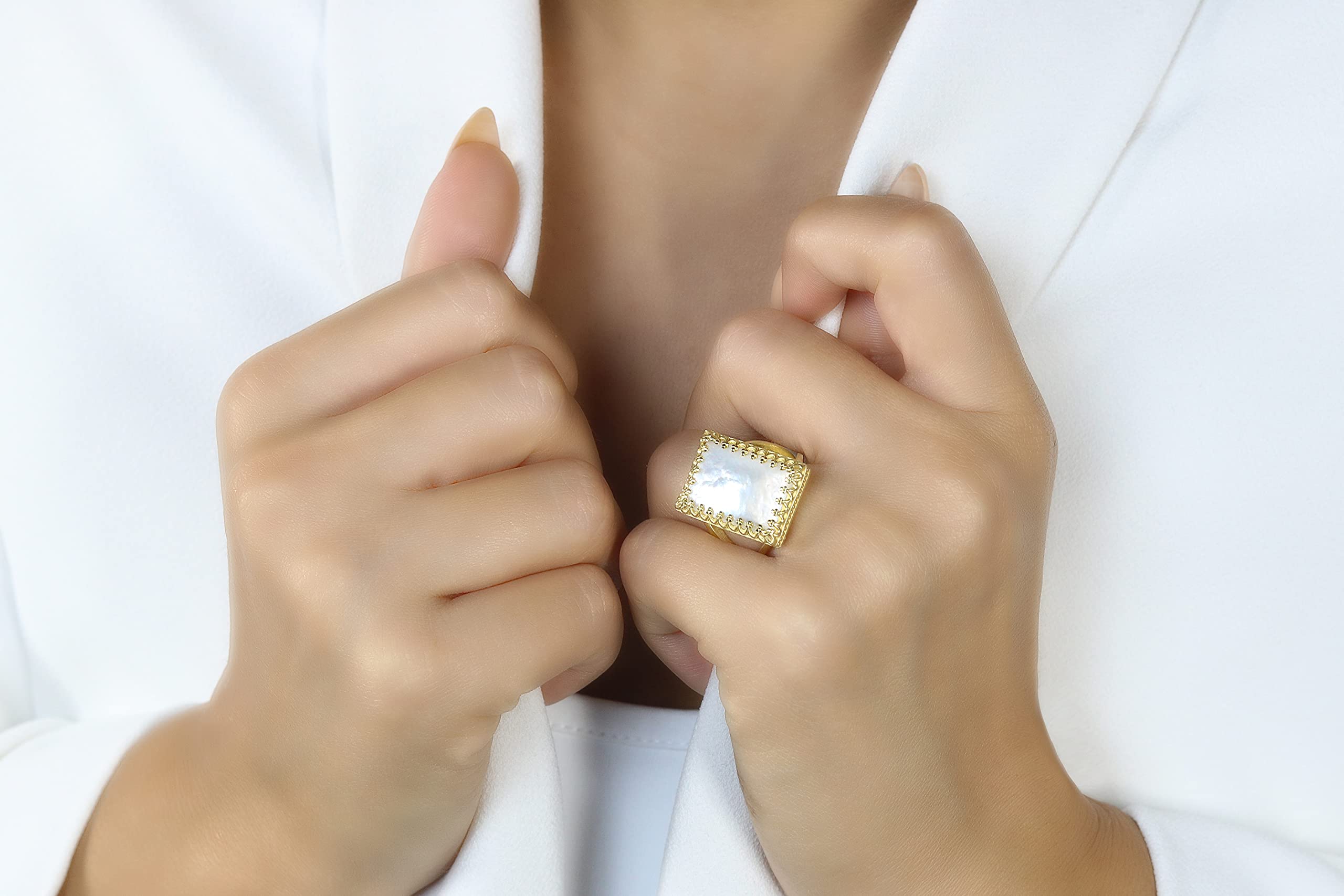 Notable Anillo de Nácar en Oro - Anillos Rectangulares Grandes para Mujer - Joyería de Moda, Regalo Anillos hechos a mano para Boda, Cumpleaños, Aniversario, Navidad - Personalizable con Grabado