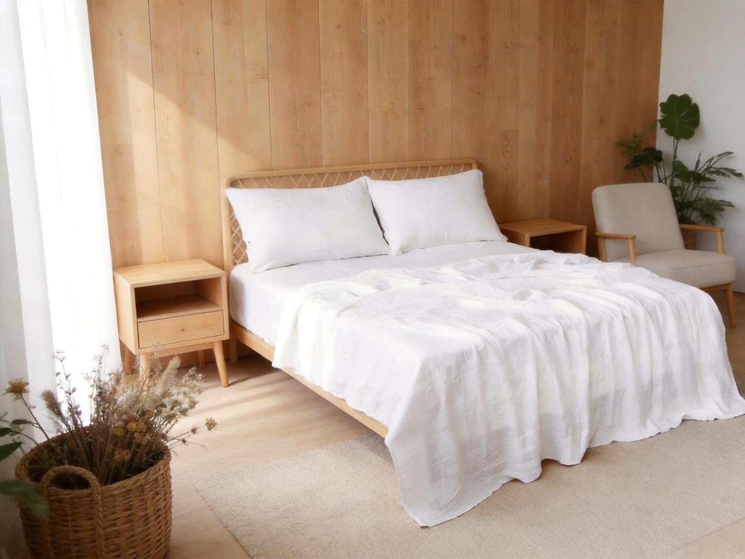 100% Linen Fitted Sheet King(1 Piece), 15 Inch Deep Pocket Mattress Cover French Flax Stone Washed Farmhouse Soft Breathable Bottom Sheets(White, King)
