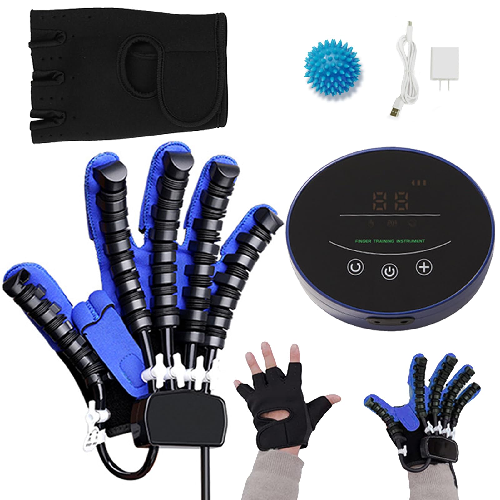 Dedos Rehabilitación Robóticos Guantes, Dispositivo de Rehabilitación de Manos para Stroke Hemiplejia, Ayudas para Ejercitadores de Manos(A:Mano Izquierda B:Mano Derecha)(Size:B M,Color:Azul)