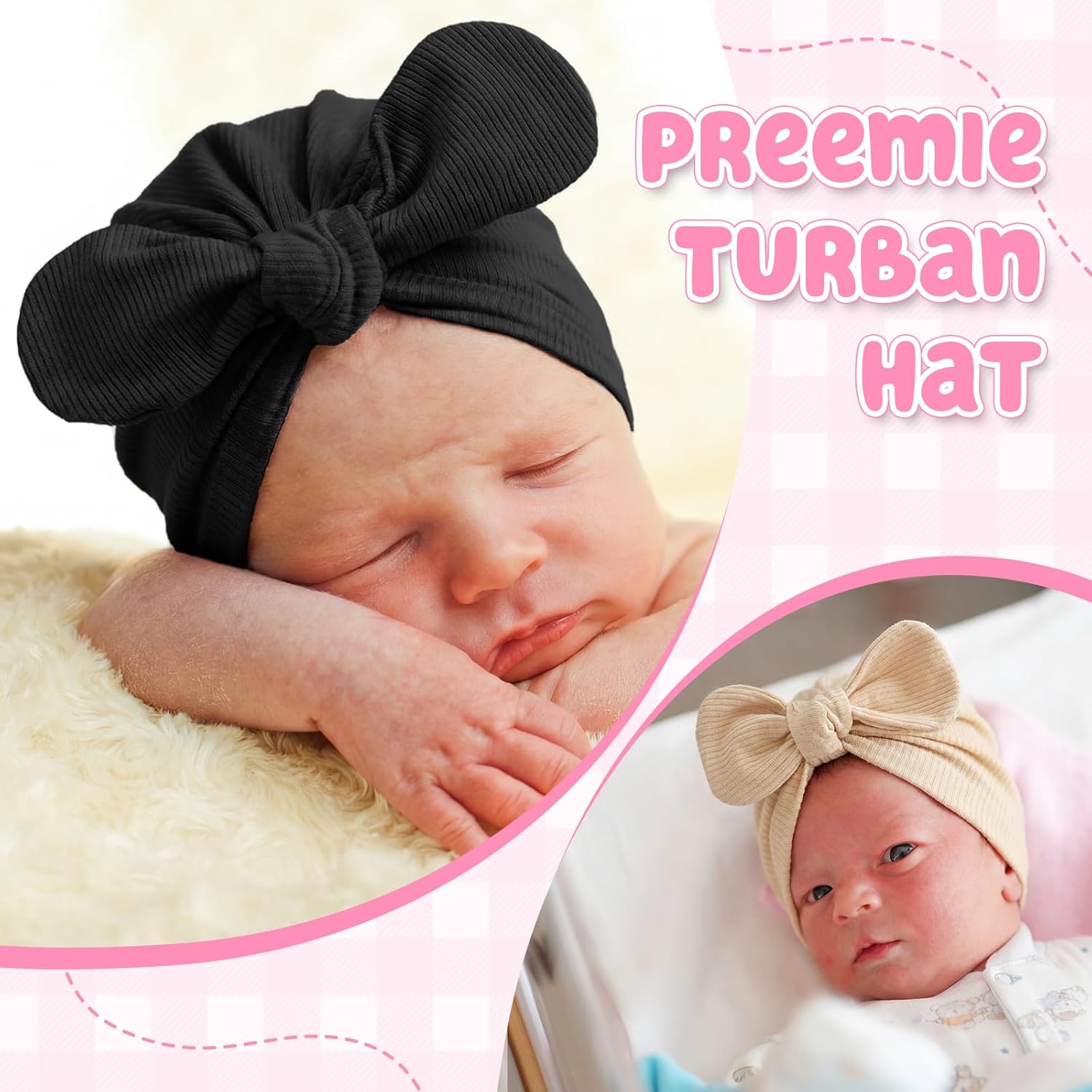 10 Pcs Preemie Hats Cotton Preemie Caps Bows Turban Premature Baby Boys Girls Hospital NICU Hat
