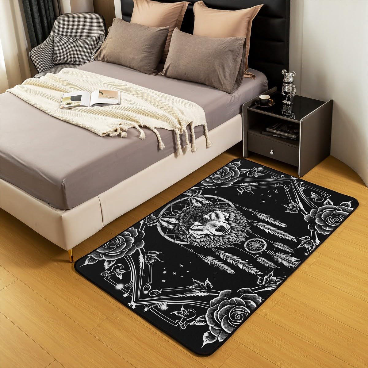 Bohemian Wolf Decorative Tapis D'Appoint 100x150,Dream Catcher Decorative Tapis Sol pour Garçon Fille Adult,Gris Noir Rose Motif Tapis Intérieur et Extérieur Western Gothique Tapis Salon Chambre Decor
