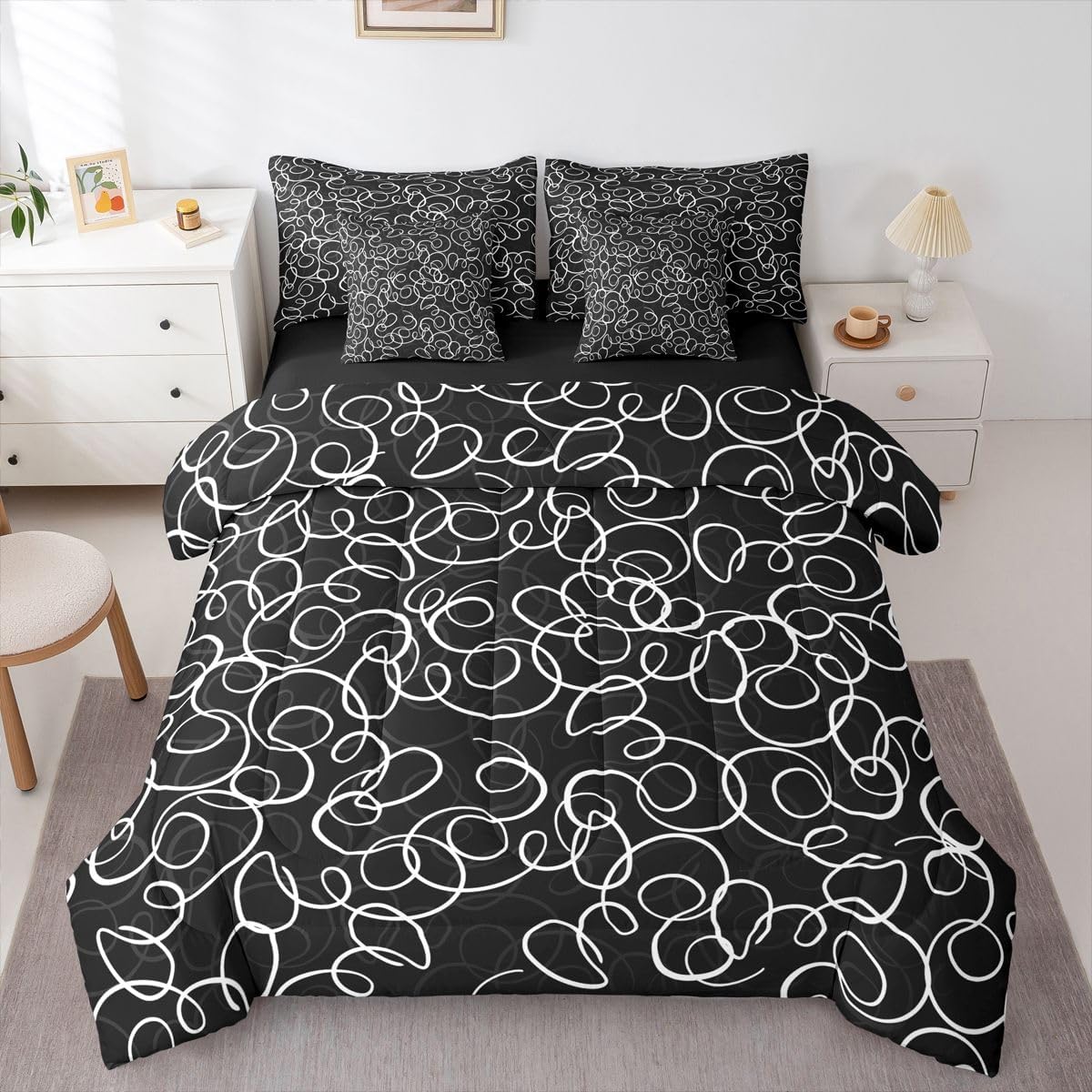 Erosebridal Black White Geometric 7 Piece Comforter Set Queen Abstract Line Modern Art Bedding Set for Kids Teens Boys Chic Swirls Bed in A Bag Texture Artwork Sheet Set Bedroom Decor