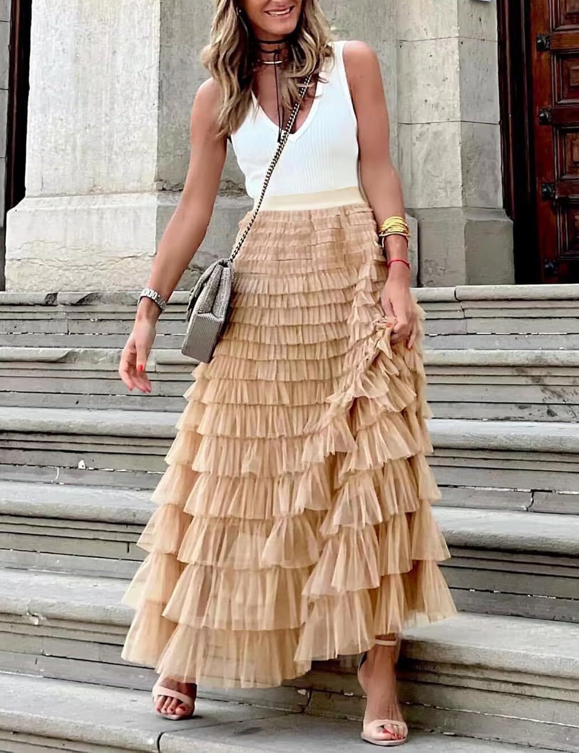 Gihuo Women's Long Maxi Tulle Skirts A Line High Waisted Tiered Layered Midi Skirt Mesh Ruffle Tutu Petticoat - Image 2