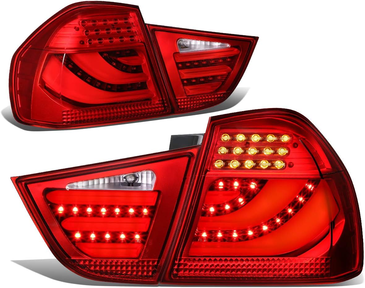 Auto Dynasty Tail Lights Compatible with 2009-2011 BMW 323i 325i 328i 335d E90 LCI 4Dr Sedan, 3D LED Bar Rear Brake Lamps Driver and Passenger Side, Red Lens