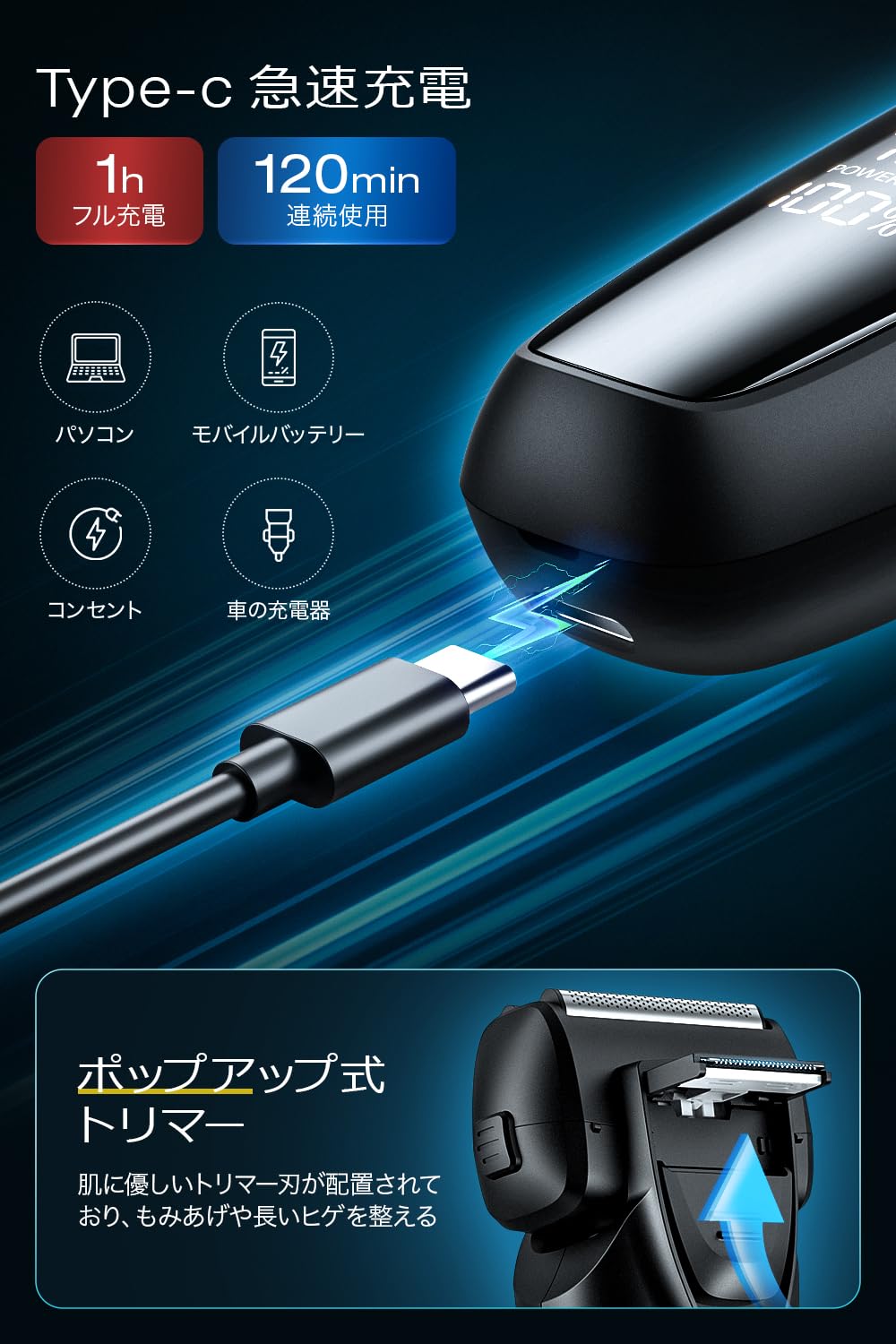 Amazon | シェーバー メンズ 【Type-c充電式&大型LED画面】 往復式