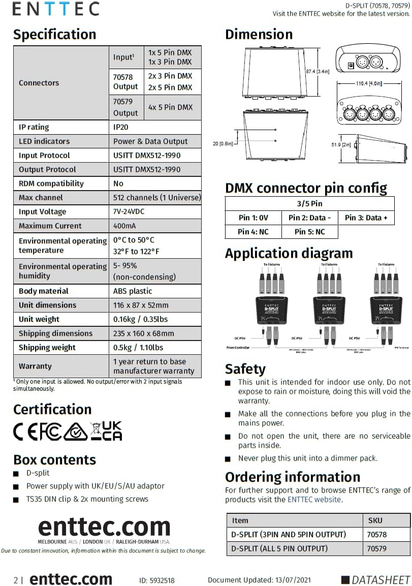 Enttec D-Split 70578 DMX 4 Port Isolated Splitter / Isolator (3/5-Pin)