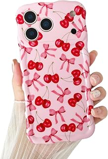 Compatible with iPhone 17 Pro Max Case, Cute Wave Curly Pink Cherry Bow Phone Case for Women, Soft TPU Shockproof Protection Cover Designed for iPhone 17 Pro Max 6.9 inch