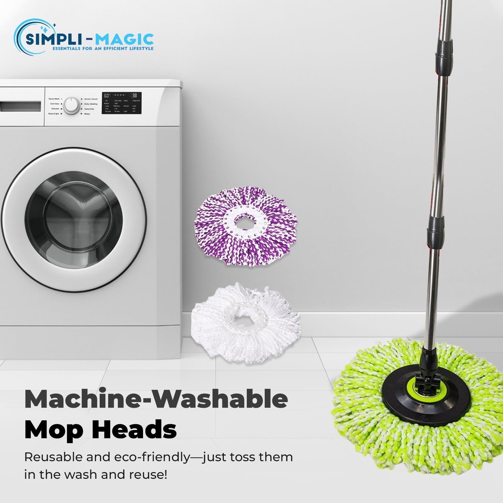 Simpli-Magic Spin Mop und Eimer mit Auswringer-Set, 360° drehbares Wischmopp-Eimer-System mit 3 Mikrofaser-Wischmopp-Ersatzköpfen und verstellbarem Griff aus Edelstahl für die Bodenreinigung