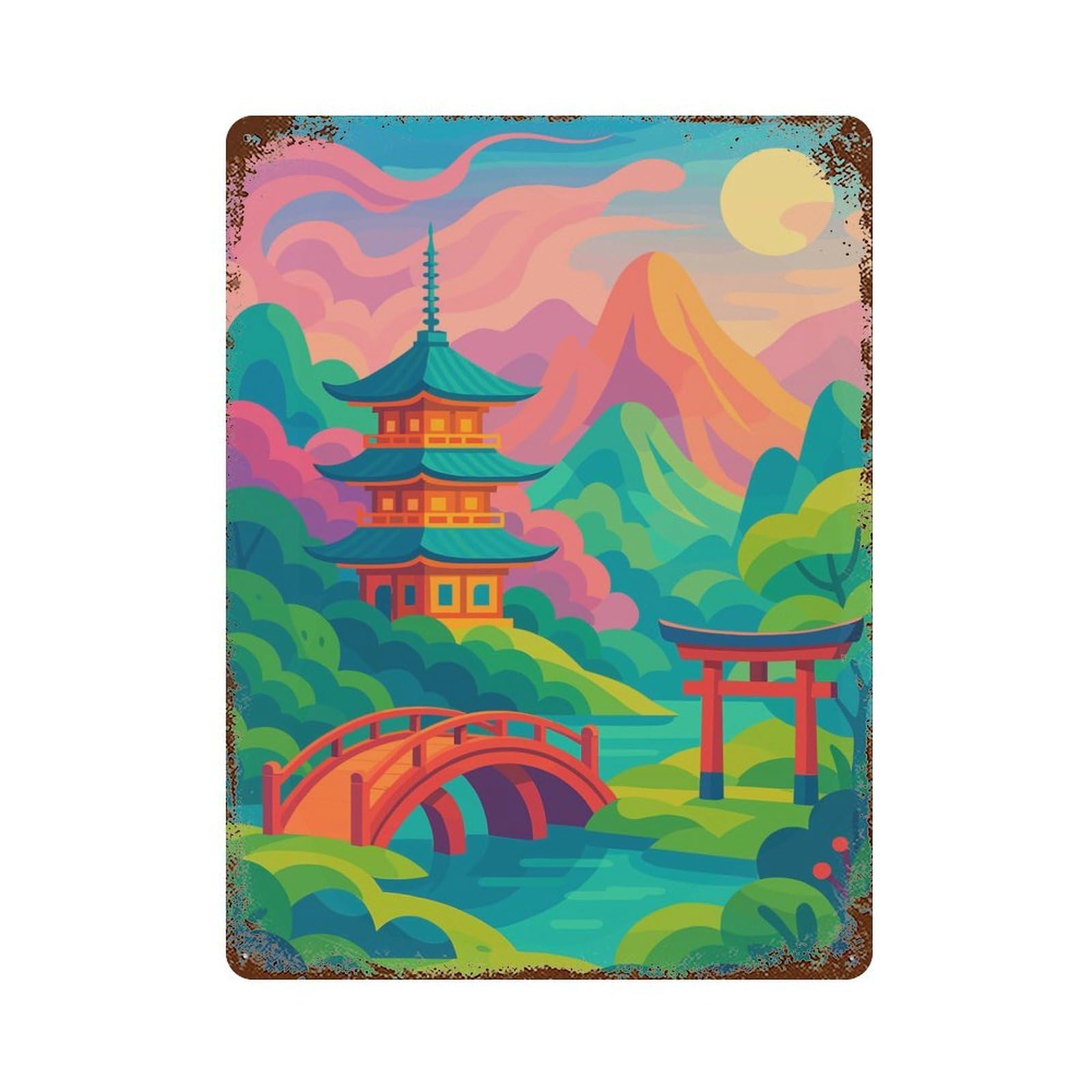 Rust Effect Japanese Landscape with Pagoda And Torii Aged Metal Wall Plaque 15.7"x11.8", Shabby Chic Decor for Basement, Hobby Room And Garage Decor