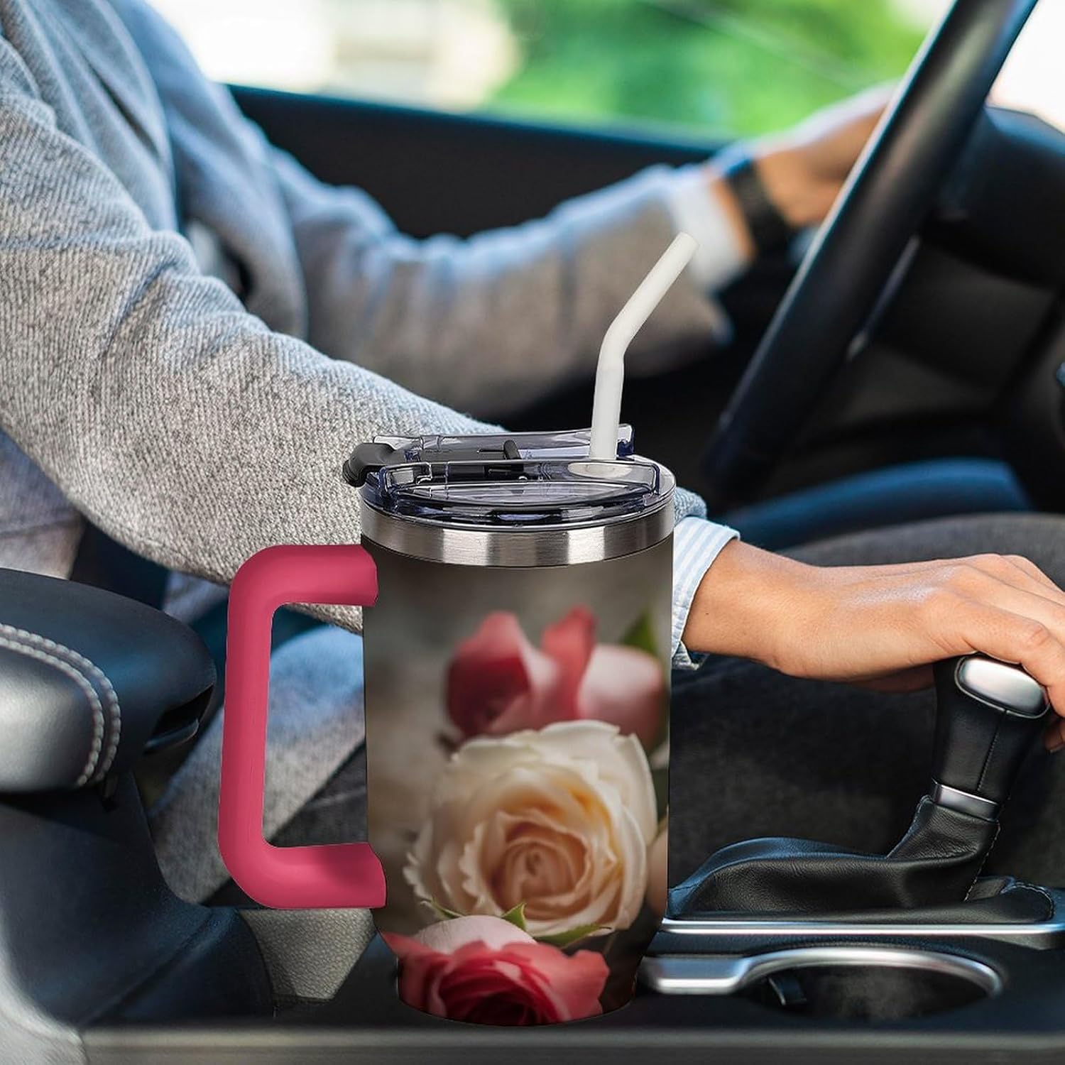40oz Large Capacity Heart Shape And Rose Print Car Cup Holder - Spill-Proof,Insulated Travel Mug for Car,Fits Most Vehicle Cup Holders,Big Water Bottle for Road Trips, Commuting,and Outdoor Adventures