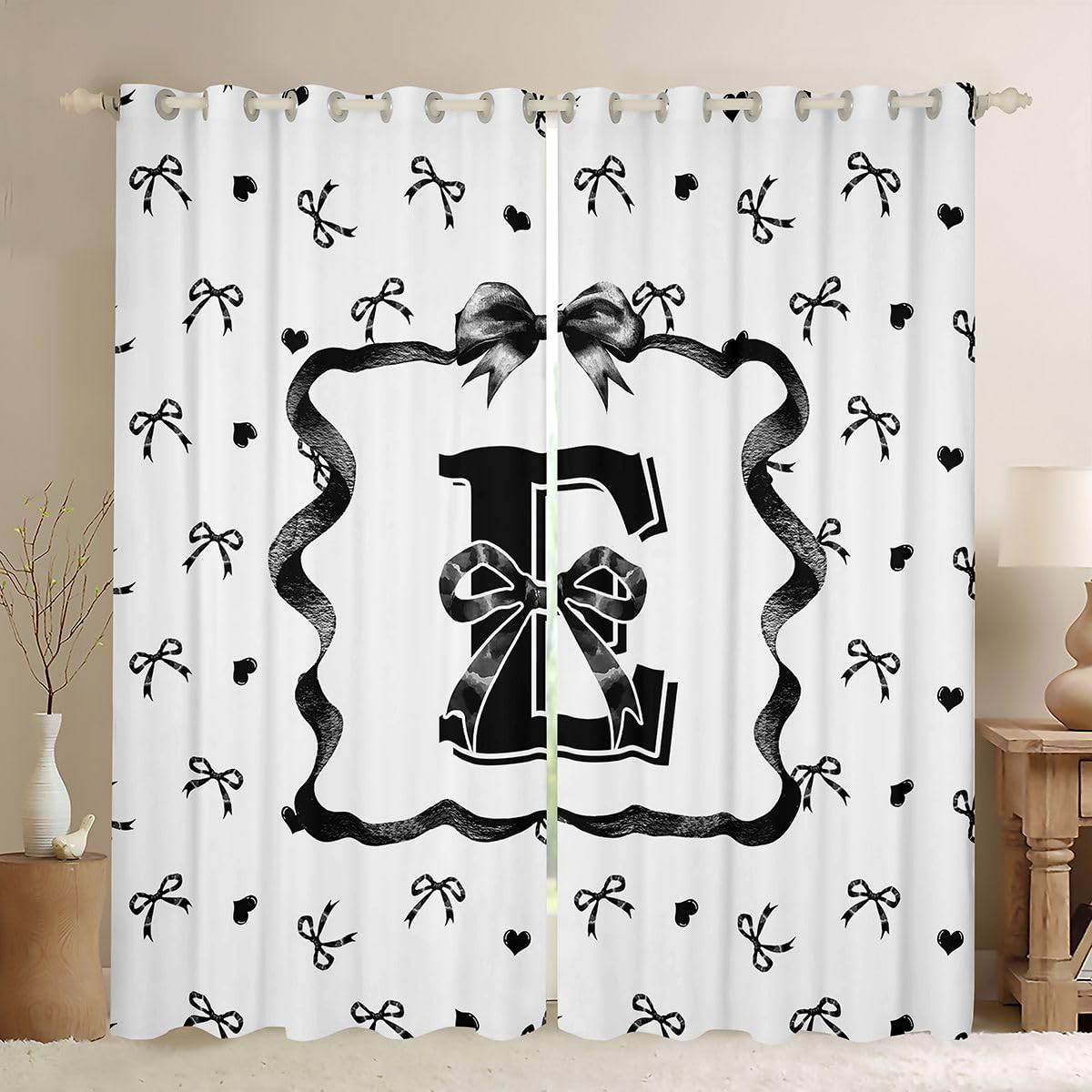 Homewish Czarno-białe zasłony okienne z kokardą, 117 x 137 cm, 2 zestawy paneli – inicjał E muszka zasłony zaciemniające, czarna wstążka, kokardki, zasłony okienne, urocza kokardka do