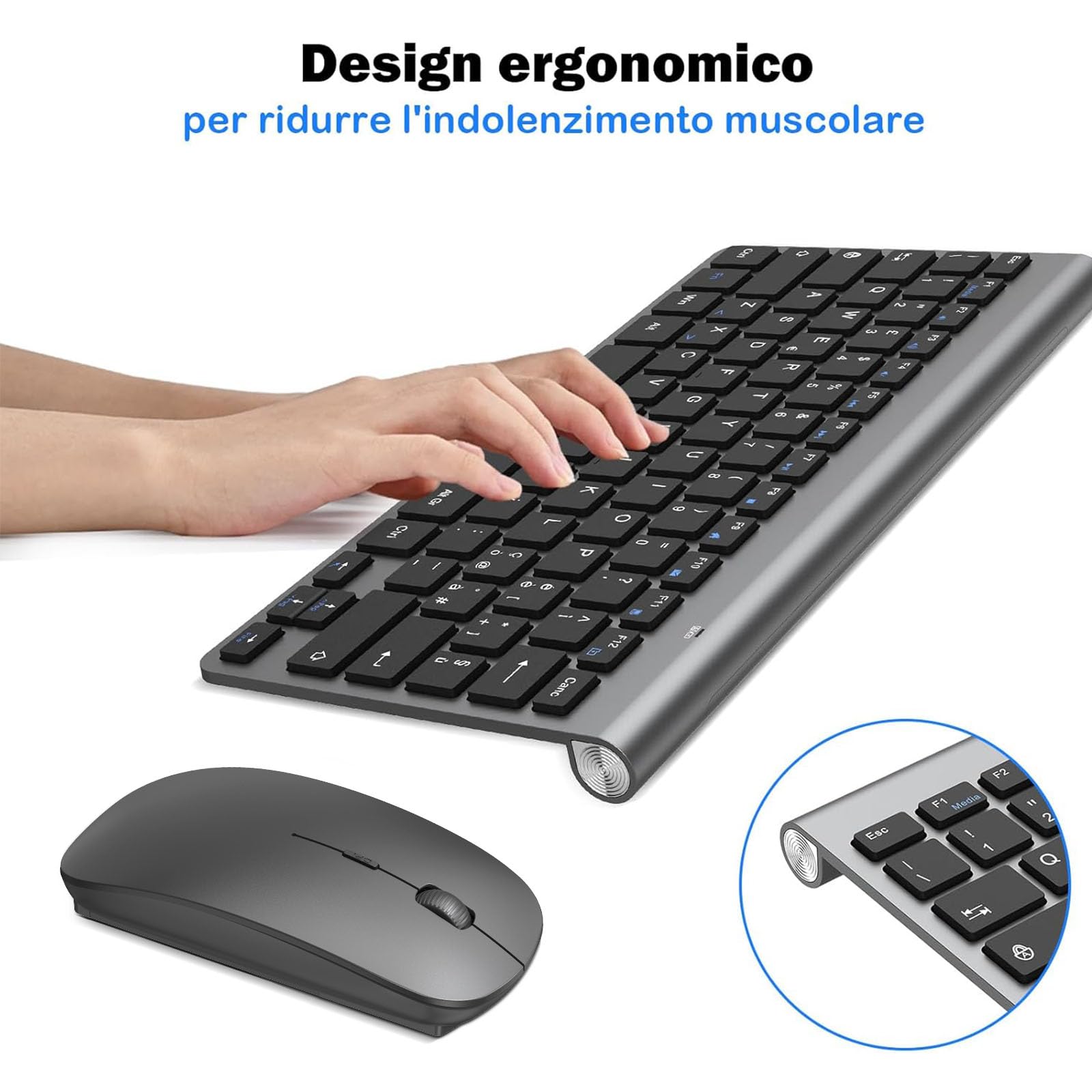 Tastiera e mouse Wireless, PINKCAT 2.4G Set di tastiera ultrasottile e mouse ergonomico silenzioso con 12 tasti di scelta rapida multimediali per computer, PC, laptop, desktop (grigio)