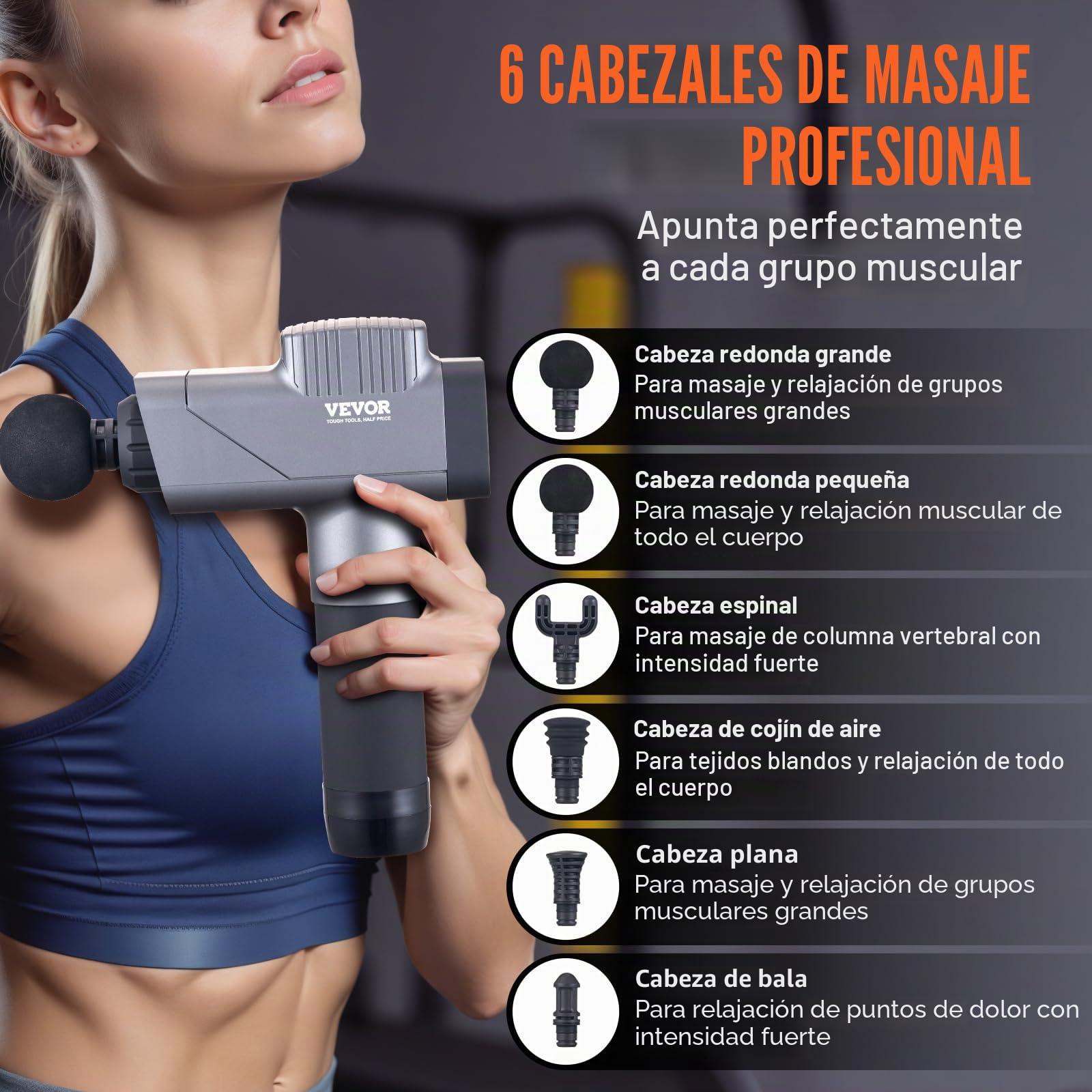VEVOR Pistola de Masaje de Tejido Profundo, Masajeador Muscular de Percusión para Atletas, 8 Niveles de Velocidad y 6 Cabezales, 2500 mAh, para Aliviar el Dolor Relajación Muscular, 250 x 170 x 60 mm