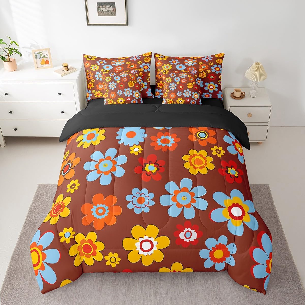 Erosebridal Groovy Flower Power Bed in A Bag 7 Piece Cute Boho Floral Twin Bedding Set 60S 70S Hippie Comforter Set Kawaii Room Decor Colorful Vintage Bohemian Sheet Set Reversible Bed Set