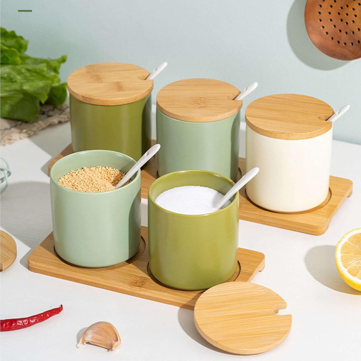 Storage Jars - Nordic Condiment Jar Spice ContainerWith Spoon And Wooden Lid,Simple Spice Jar Set For Base,Porcelain Seasonings Organizer,Kitchen & Dining Condiment Pots-White*2-square ( Color : White