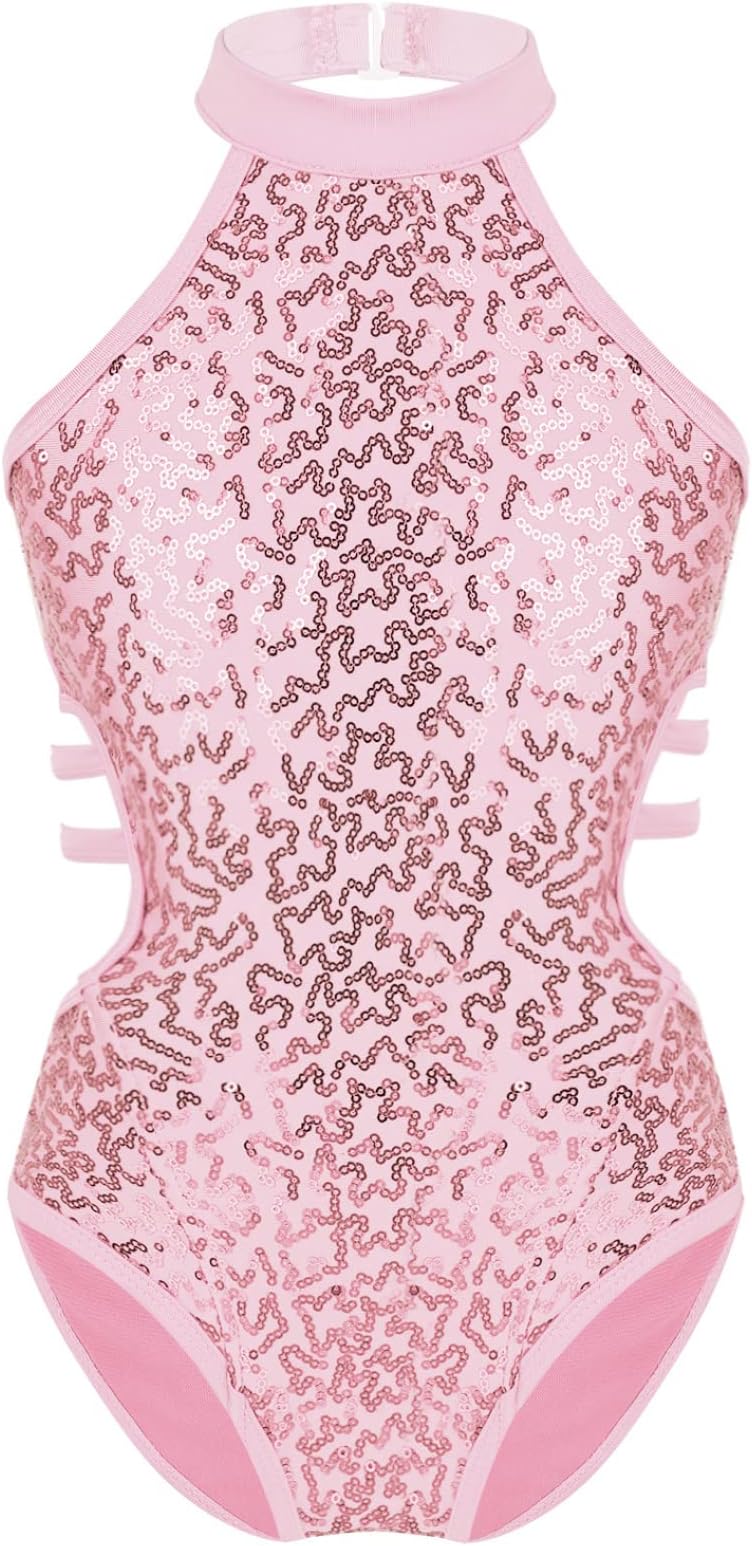 HedmyKids Girls Sparkly Sequins Ballet Dance Leotard Halter Bodysuit Cutout Back Gymnastics Costume Dancewear