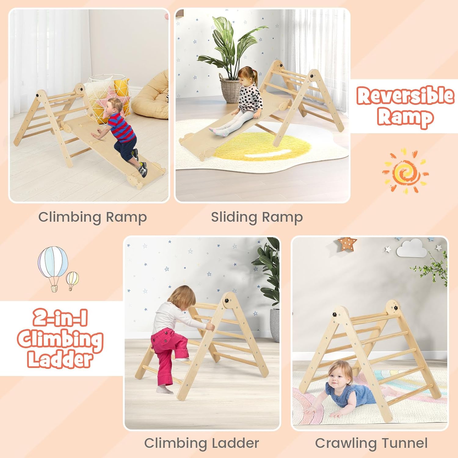 Costzon Climbing Toys for Toddlers, 4 in 1 Foldable Wooden Montessori Baby Climbing Gym with Adjustable Angle's Ramp for Climb & Slide, Kids Triangle Climbing Toys Indoor Boys Girls Gift Set