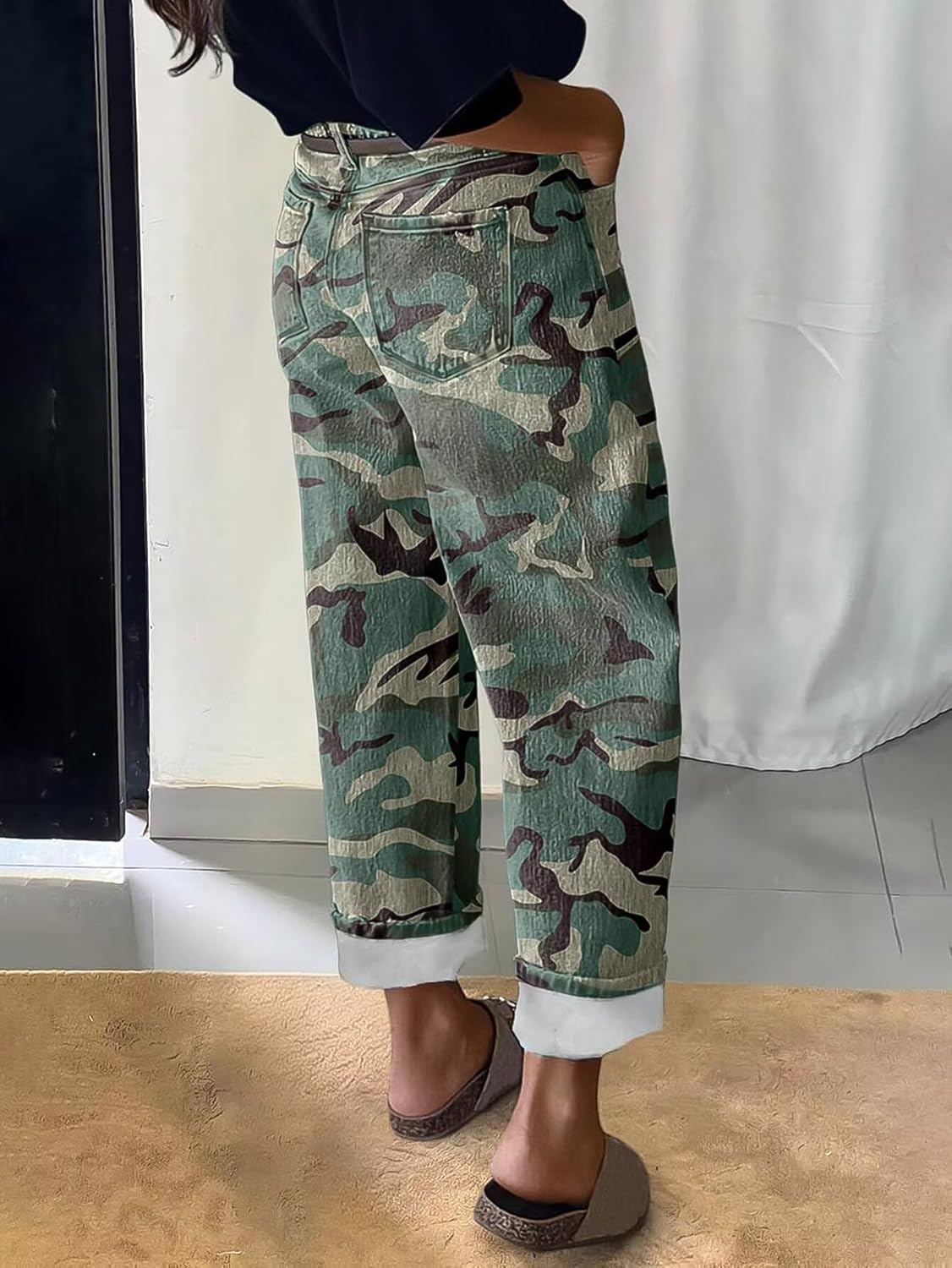 Flamingals Camo Straight Leg Pants for Women Mid Rise Baggy Casual Pants Without Belt - Image 3