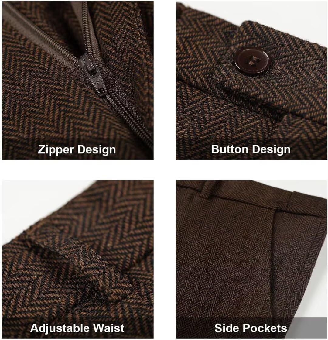 3 Piece Herringbone Tweed Suit Men's Wool Tuxedos Retro Set Prom Winter Jacket Blazer Vest Pants - Image 2