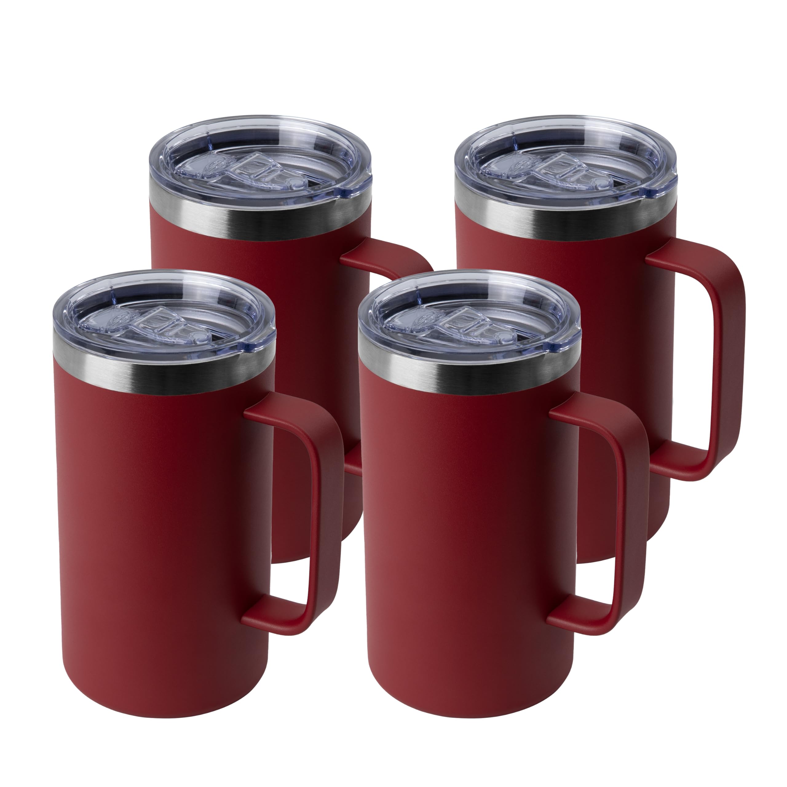 DOMICARE Taza de café de acero inoxidable de 24 onzas con asa y tapa, taza de viaje con asa, vaso de café al vacío de doble pared, taza aislada reutilizable, rojo oscuro, paquete de 4