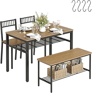 KU Syang Dining Table and 2 Chairs with 1 Bench, Dining Table and Chairs Set 4, Dining Room Sets with 2 Large Storage Racks and 4 S-Hooks, Walnut Brown