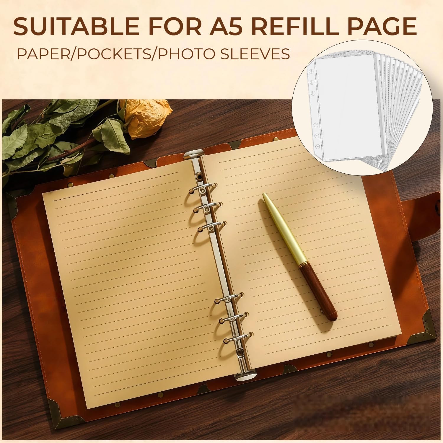 Refillable A5 Leather Binder Journal Notebook, Vintage PU Leather Organizer with 6 Ring Binder, 160 Lined & Blank Loose Leaf Pages, Elastic Closure, Metal Corner, for Work Study Daily, Coffee Sun
