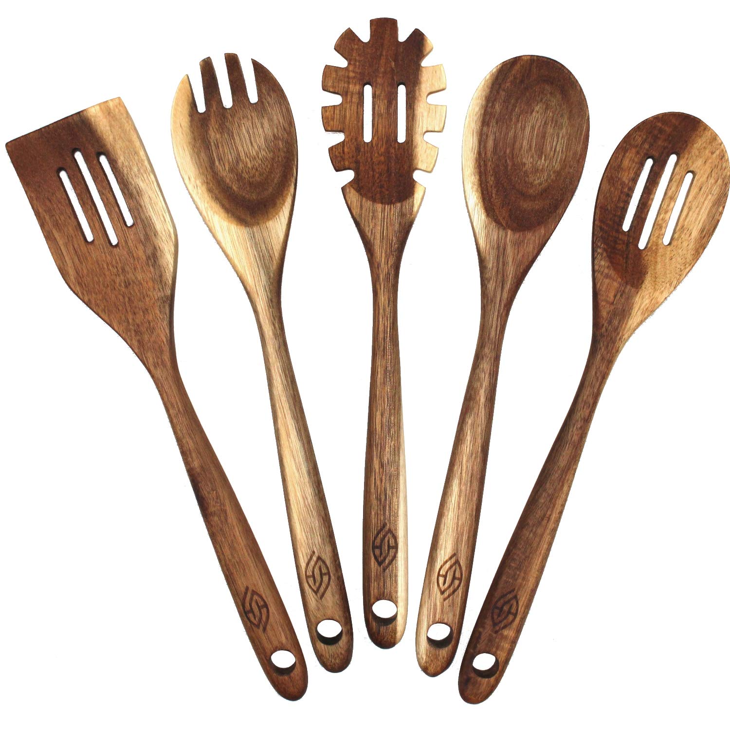 Wooden Spoons for Cooking - Kitchen Utensils Set of 5, Acacia Wood Utensil Sets, with Slotted Spoon, Salad Fork, Spatula, ...