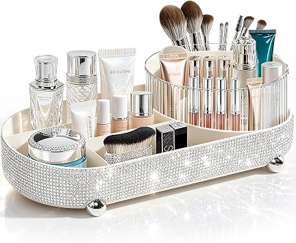 360 Rotate Bling Makeup Organizer for Vanity Cosmetic Countertop Rhinestones Makeup Brush Holder Skincare Organizers Desk Storage Accessories