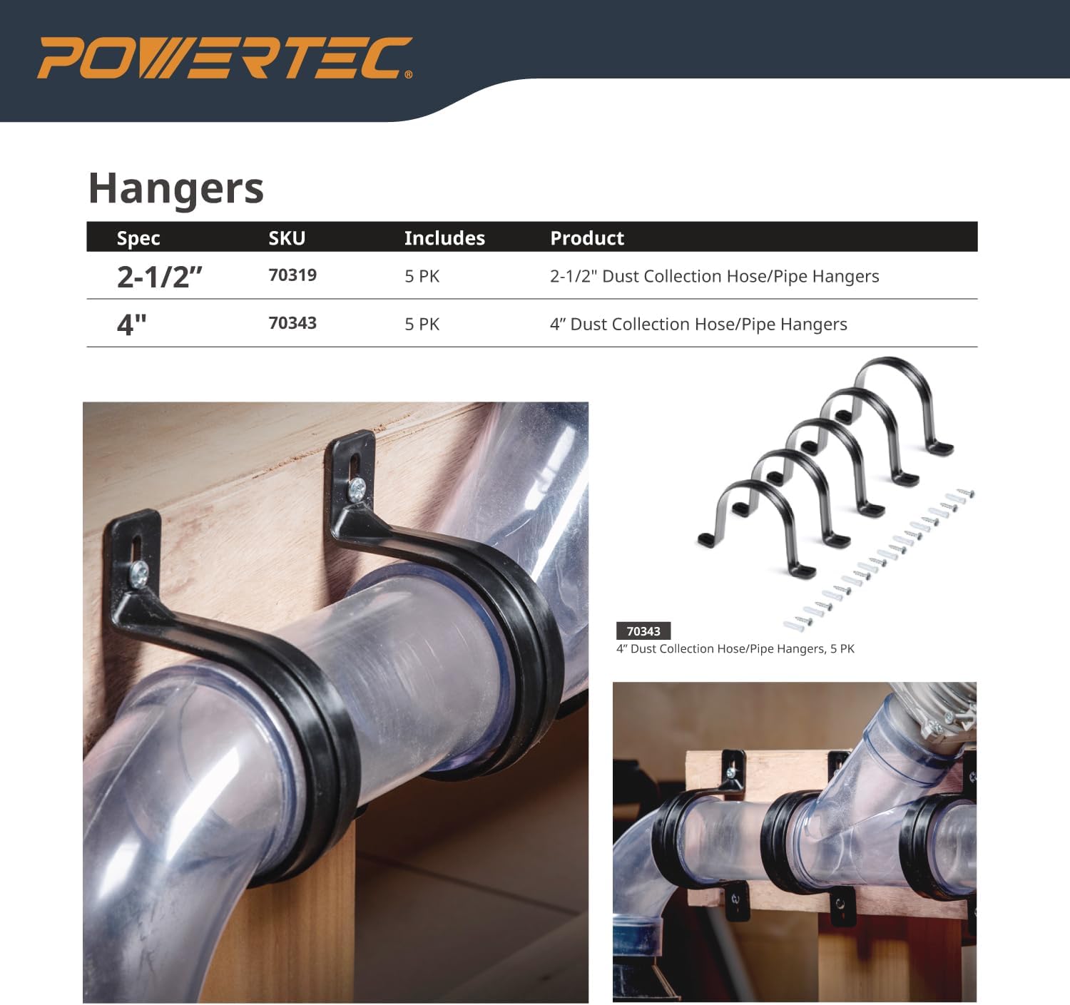 POWERTEC Clear PVC Pipe 4" x 36" Long, 1PK Plastic Tubing and 5PK Pipe Straps w/Anchors & Screws Compatible w/Dust Collection Fittings - Hose for Woodworking Tools (70401V)