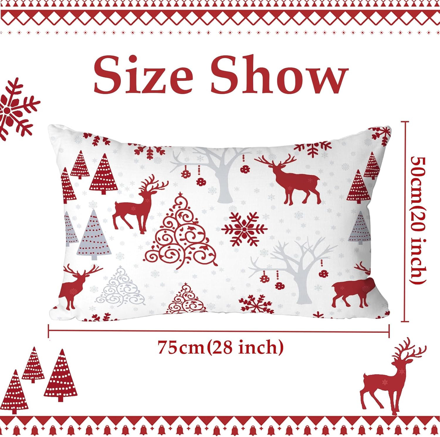 DJY Christmas Pillow Covers, Red Christmas Reindeer Tree Print Throw Pillow Cover Decorative 20 x 28 Inch Set of 2 Rectangle Pillow Cases Protector Home Winter Holiday Decortion for Couch Bed Sofa