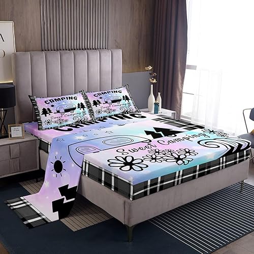 Erosebridal Juego de sábanas de Happy Camping King, accesorios para cámper para niños, adolescentes y adultos, sábana bajera ajustable de dibujo de