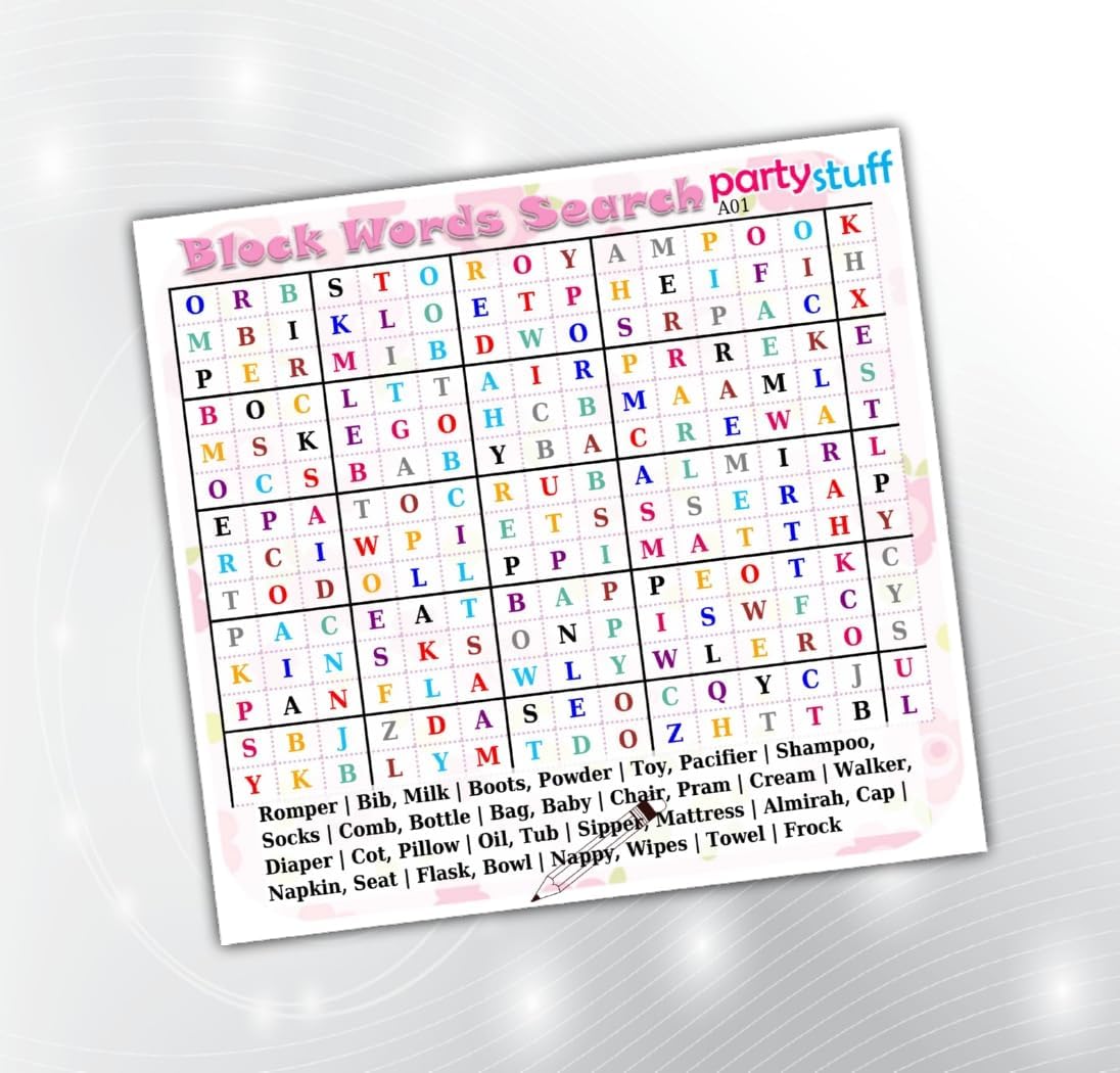 PartyStuff Baby Shower Theme Paper Games - Baby Shower Block Words Search - Block Word Search (12 Cards)