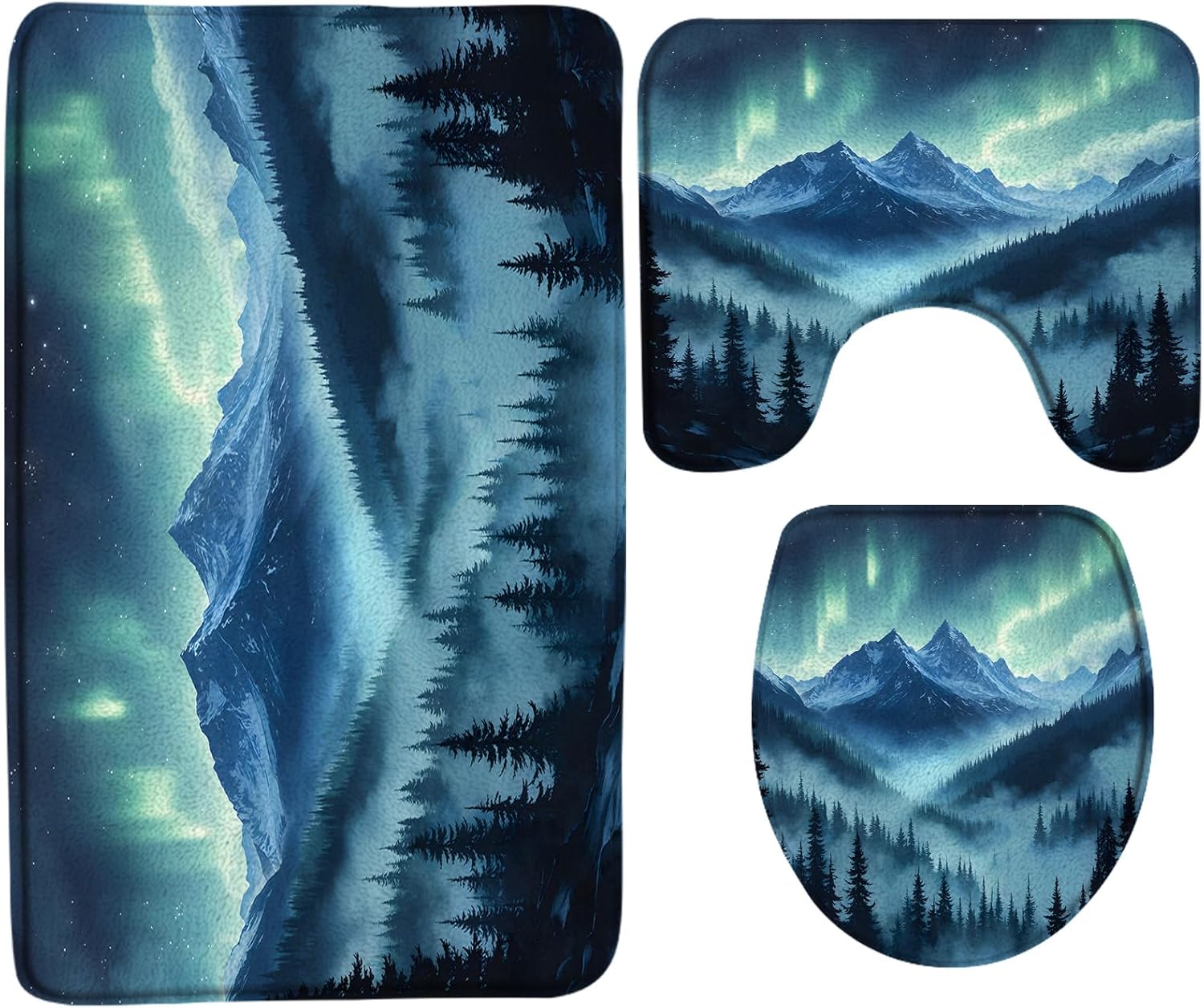 4Pcs Misty Forest Mountains Shower Curtain Set Fantasy Foggy Pine Tree Blue Gothic Cool Nature Landscape Woodsy Rustic Jungle Men Toilet Lid Cover and Bath Mat Rugs Bathroom Accessories with 12 Hooks