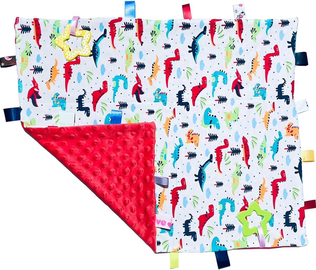 Big Tags Blanket for Babies, Soft Red Dinosaur Toddler Taggy Blanket, Cute Baby