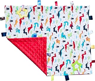 Big Tags Blanket for Babies, Soft Red Dinosaur Toddler Taggy Blanket, Cute Baby Security Blanket with Tags, 55x45CM/21.7x17.7INCHES