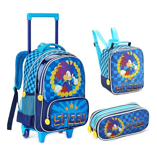 Kit Mochila Escolar Infantil Speed Sonic Com Rodinhas com Lancheira Térmica e Estojo Duplo