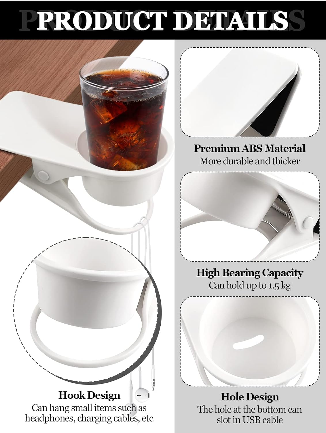 1PCS Clip on Cup Holder for Chair, Kalolary Desk Drink Holder Clamp, White