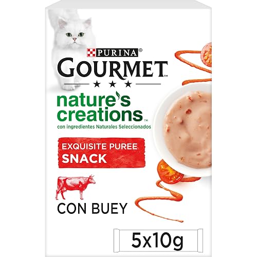 Purina Gourmet Nature's Creations Puree, Snack, premio para Gato Con Buey y Tomate, 11 Packs de 5 sobres…