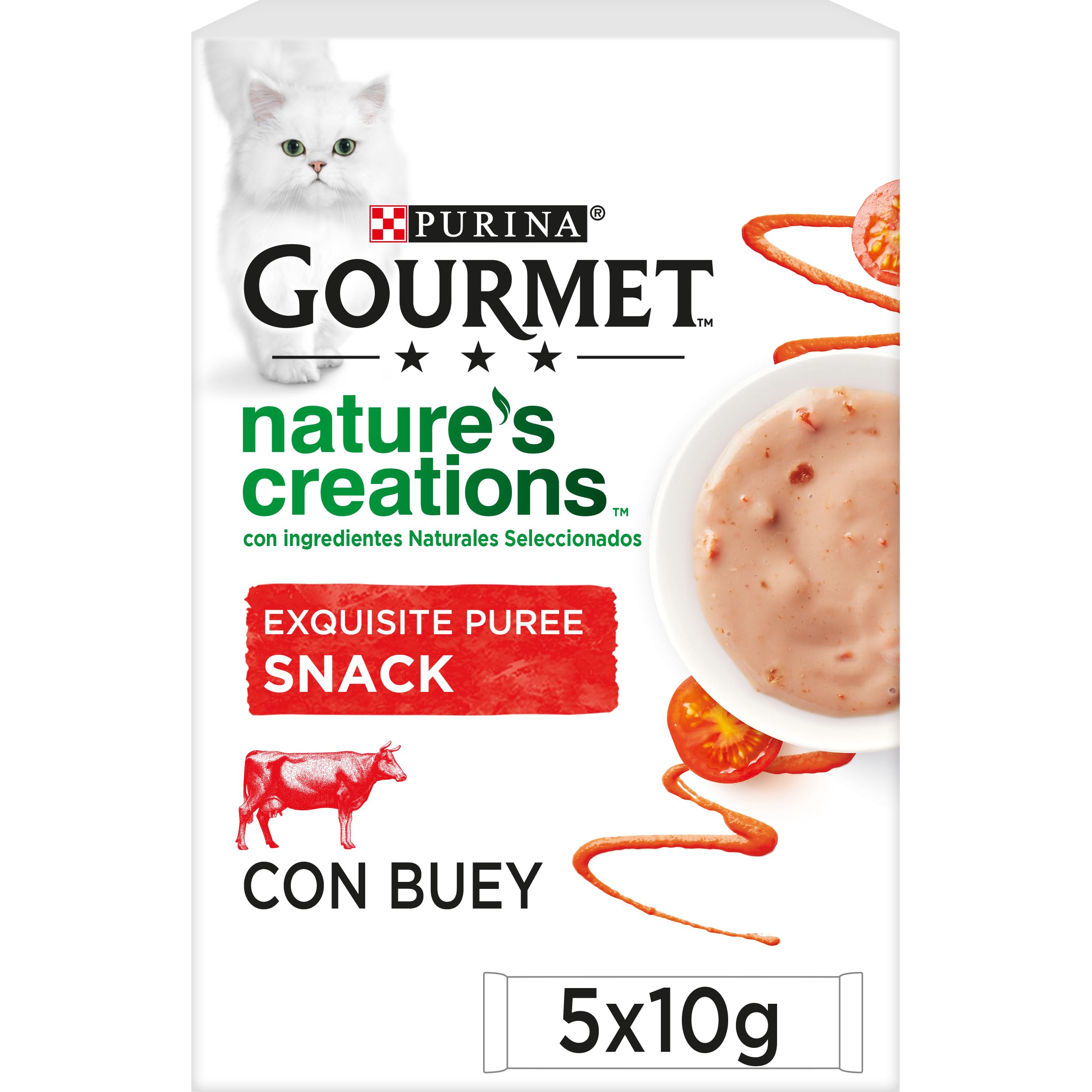 Gourmet Purina Nature's Creations Puree, Snack, premio para Gato Con Buey y Tomate, 11 Packs de 5 sobres 10g - 55