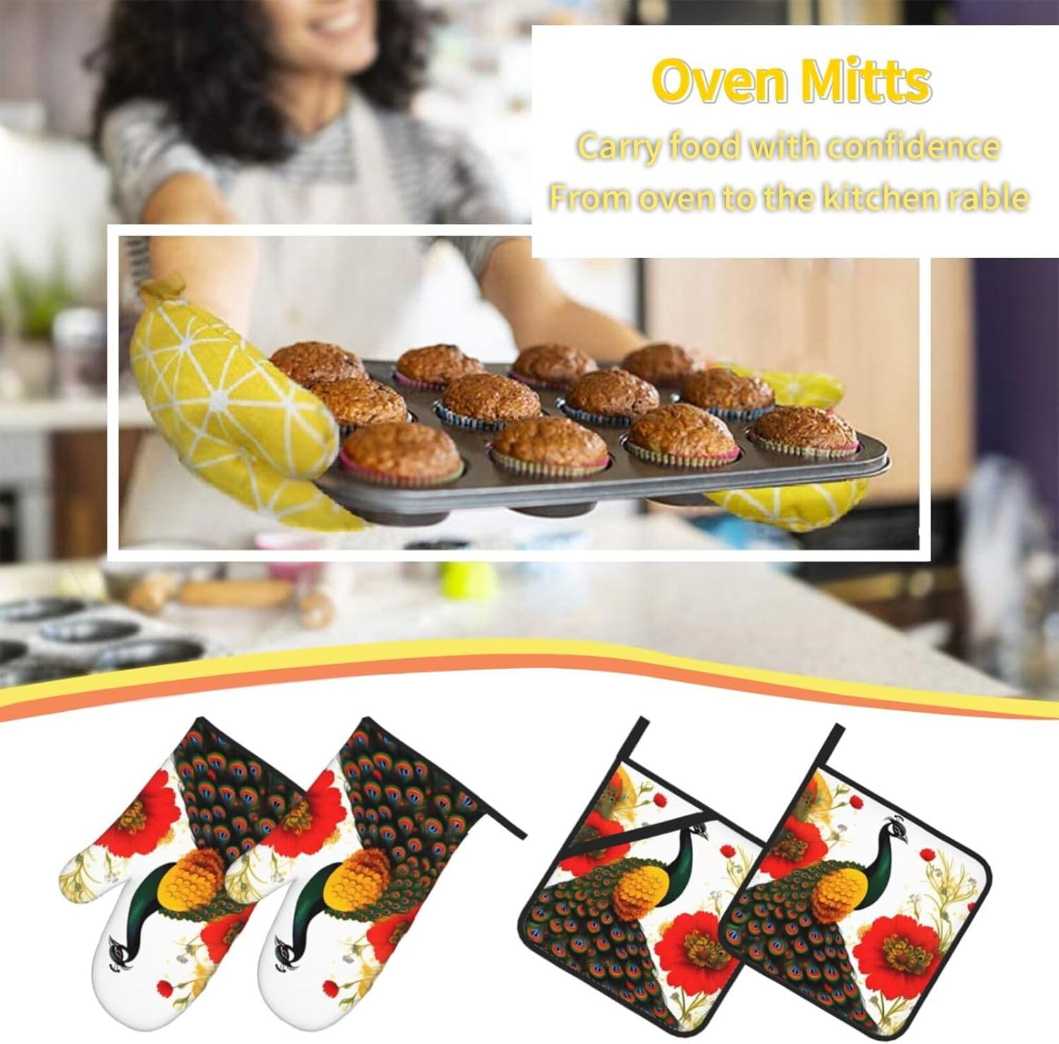 Peacock Red flower Oven gloves and heat-resistant mat 4-piece set. Suitable for grilling, microwave oven frying, and baking