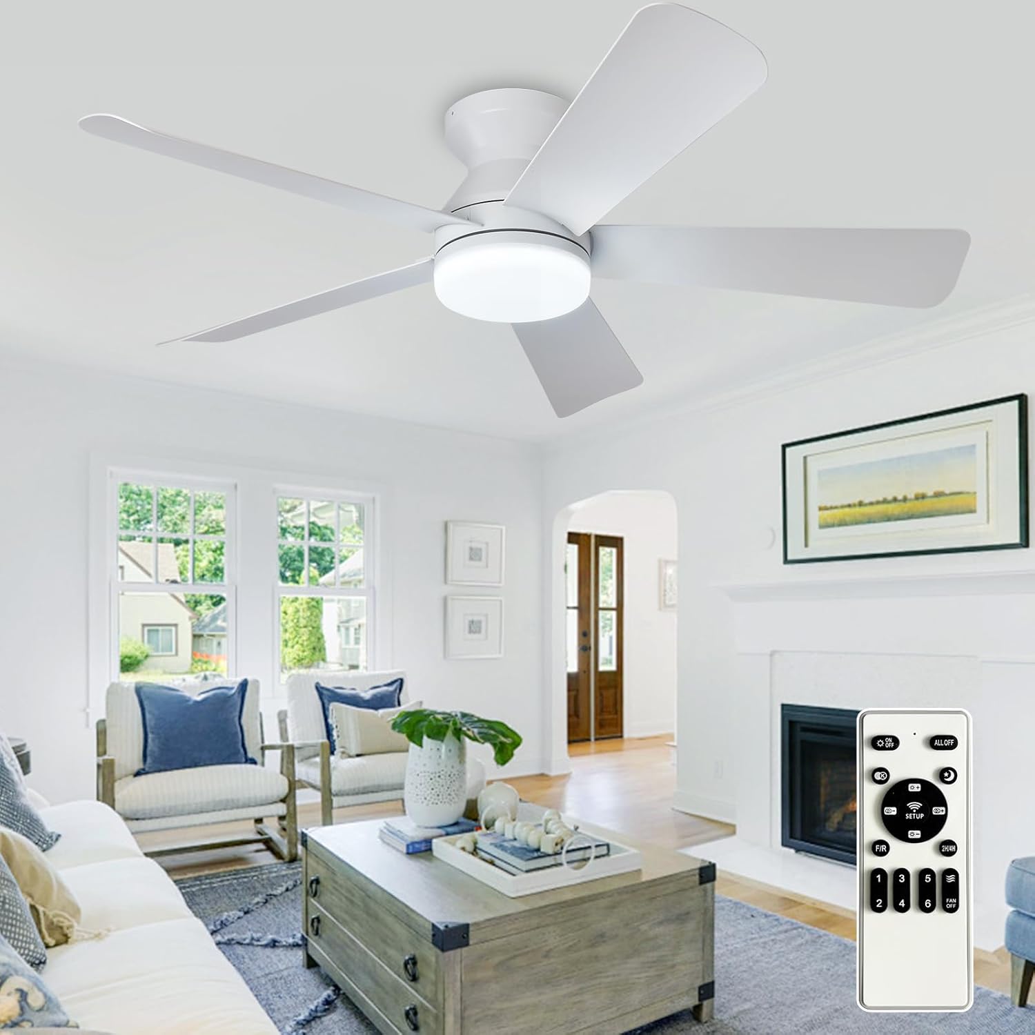 Depuley Modern Ceiling Fan with Light 42-Inch White Small Fans for Bedroom Indoor Outdoor - Dimmable Low Profile