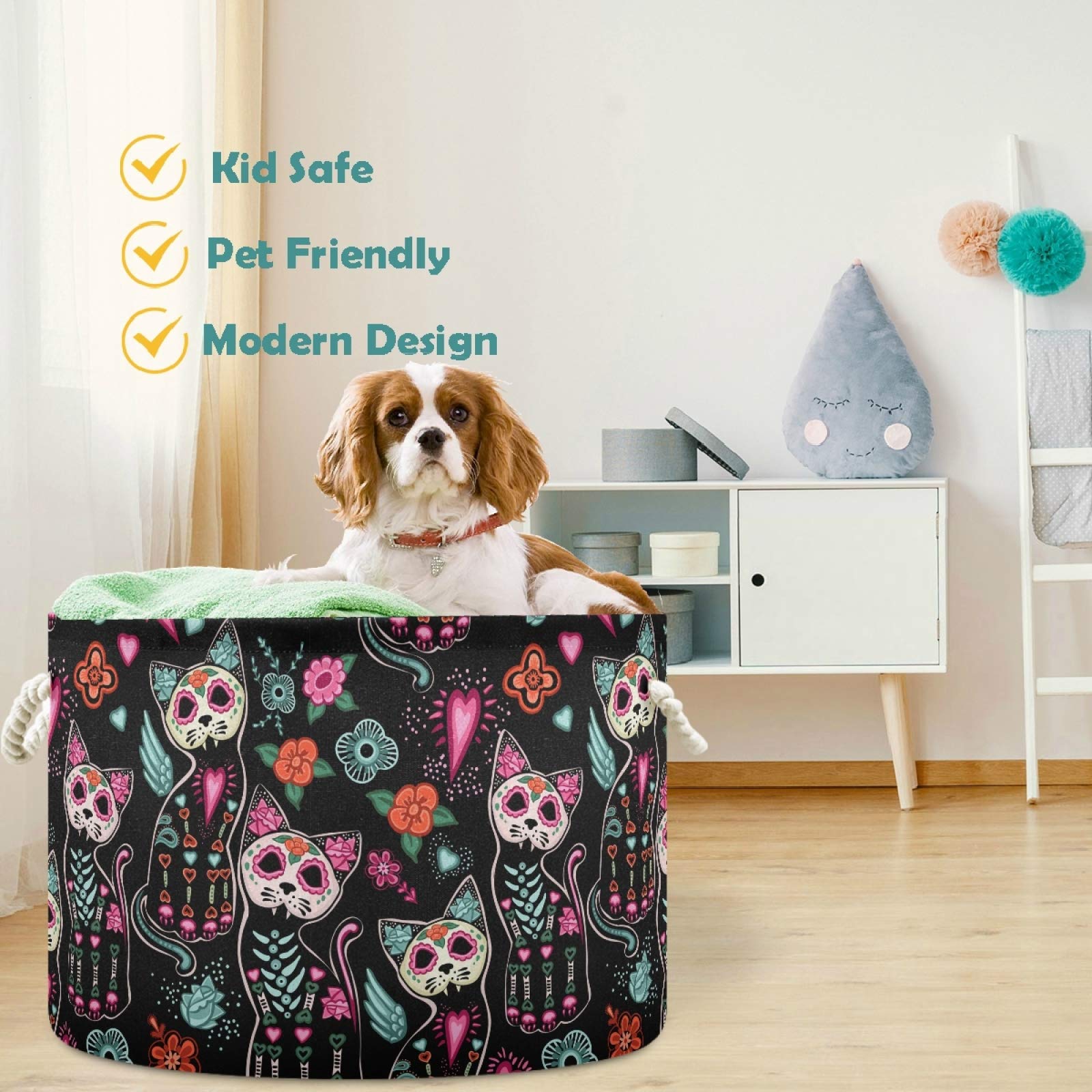 visesunny Collapsible Large Capacity Basket Sugar Skull Cat Flower Floral Clothes Toy Storage Hamper with Durable Cotton Handles Home Organizer Solution for Bathroom, Bedroom, Nursery, Laundry,Closet