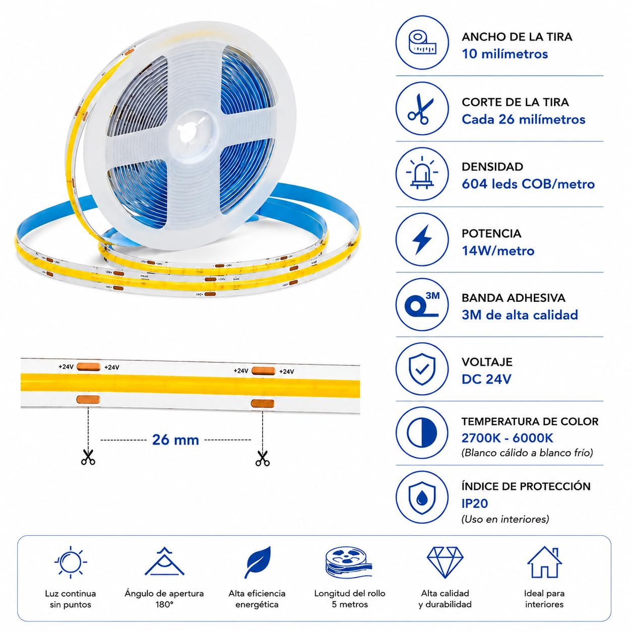 Jandei – Pack 2 Tiras Led COB 24V 5m, CCT Luz Blanca de 2700K a 6000K. Ancho 10mm, Adhesiva, Flexible - Incluye Transformador, Controlador y Mando a Distancia